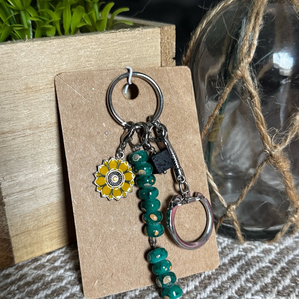 Sunflower Charm Green Beaded Keychain
